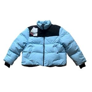NWT Zara Ski Collection Blue Black Feather Down Waterproof Hoodie Puffer Jacket